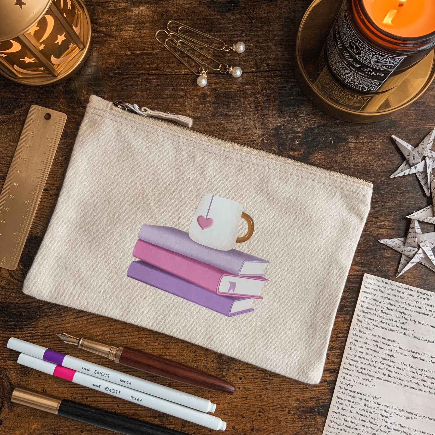 "I Just Need Little Me Time" Pastel Book and Mug Stack Natural Fabric Pencil Case with Zip