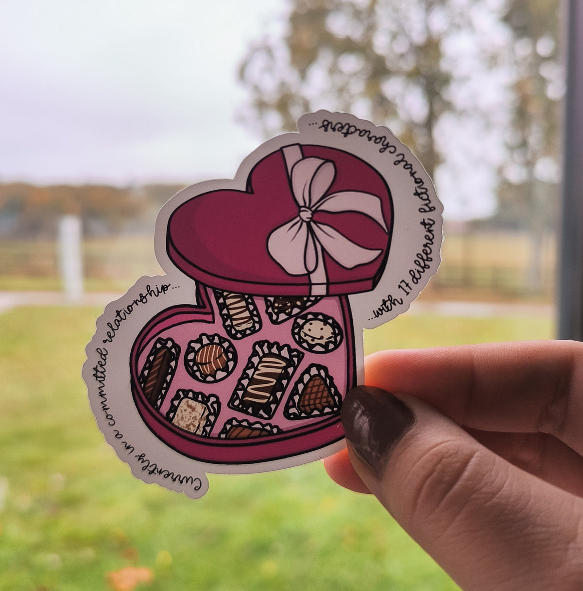 Committed Relationship with Fictional Characters Chocolate Heart Box Vinyl Die Cut Sticker
