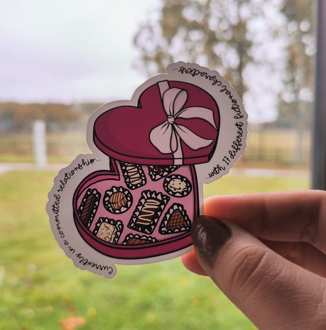 Committed Relationship with Fictional Characters Chocolate Heart Box Vinyl Die Cut Sticker